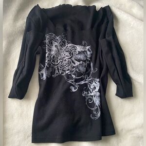 Black Off-Shoulder Top with White Floral Design